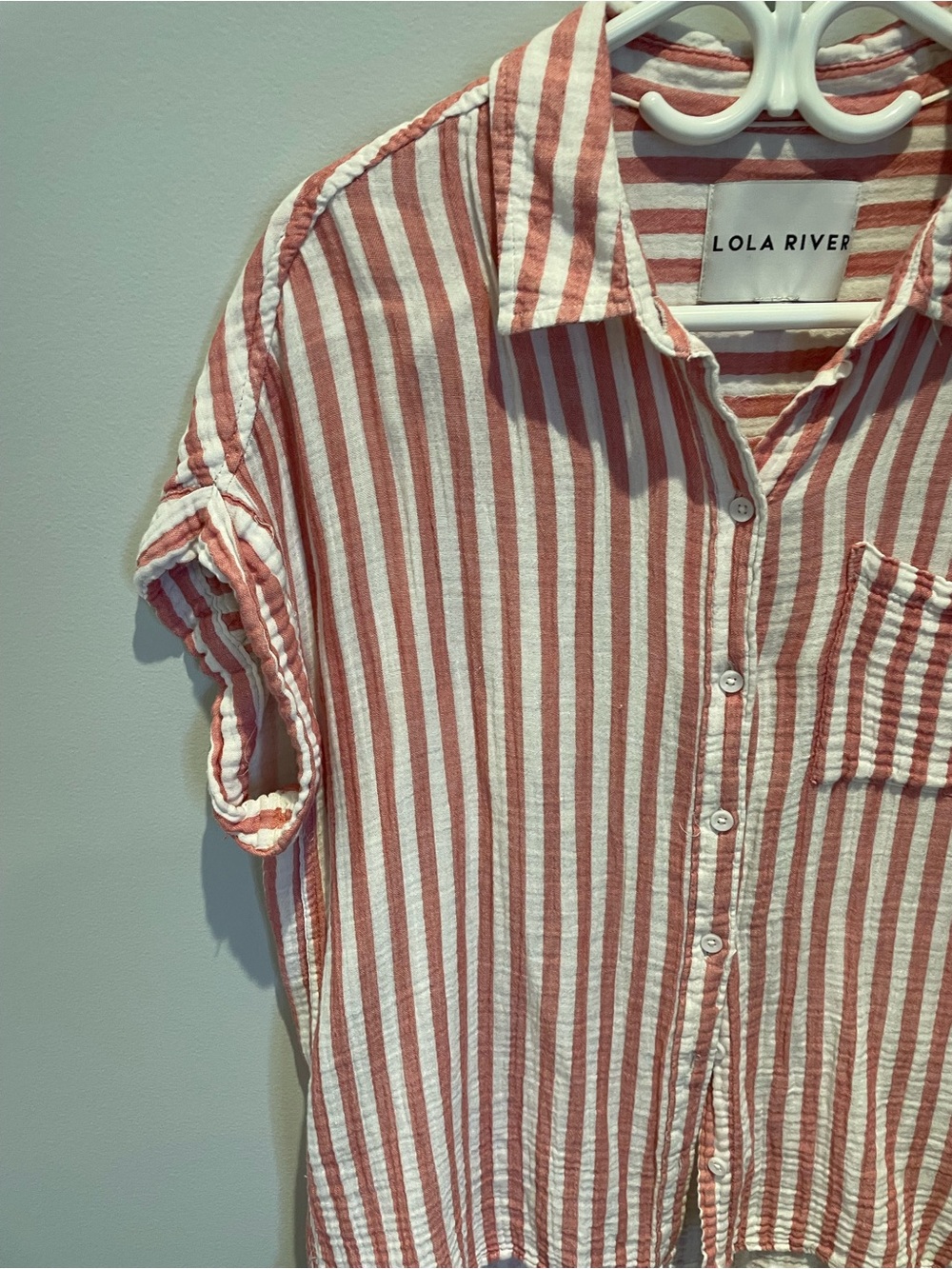 Women’s Pink and White Stripe Button-Up Shirt
